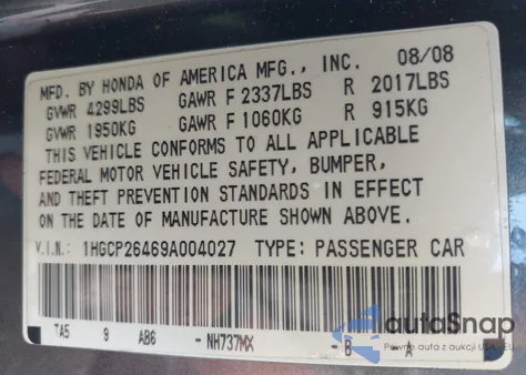 2009 Honda Accord 2.4 Lx-P из США, поврежденный, VIN 1HGCP26469A004027